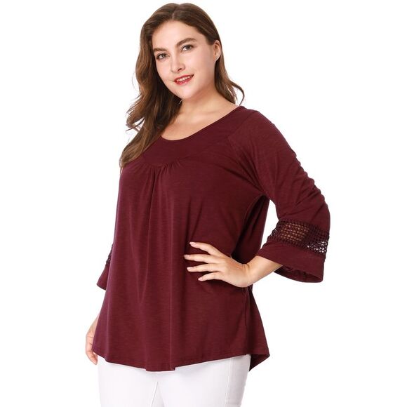 Women's Plus Size Crochet Panel Kimono Raglan Sleeves Tops Burgundy - Picture 2 of 6